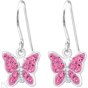 Joy|S - Zilveren vlinder bedel oorbellen - oorhangers - magenta roze kristal - kinderoorbellen