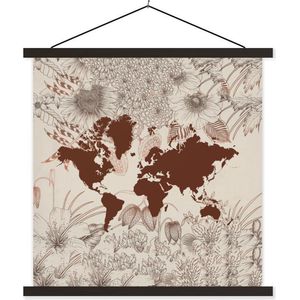 Posterhanger incl. Poster - Schoolplaat - Wereldkaart - Bloemen - Rood - 40x40 cm - Zwarte latten