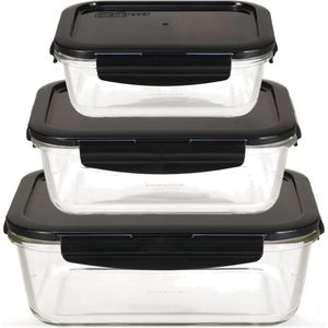 Voedselopslagcontainers van glas met deksel, set van 3 vierkant en groot, ovenglas, koelkast en vriezer, braadpan voor oven en magnetron