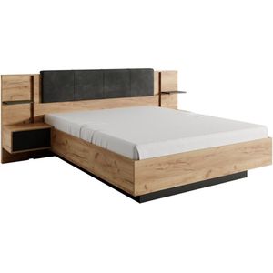 Vente-unique Bed met nachtkastjes – 140 x 190 cm – Met ledverlichting – Kleur: houtlook en antraciet – ELYNIA L 236.4 cm x H 104.4 cm x D 200 cm