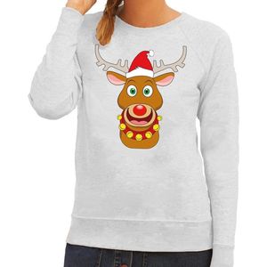Foute kersttrui / sweater met Rudolf het rendier met rode kerstmuts grijs voor dames - Kersttruien S