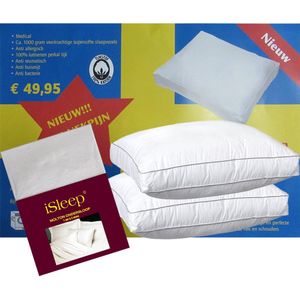 Klaas Vaak Hoofdkussen Set - (2 Kussens + 2 iSleep Moltonslopen) - Boxkussen - Dreampearls - 50x60x10 cm - Wit