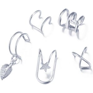 Set van 5 - Fake Helix Zilver - Nep Piercing - Klem Oorbellen Oorpiercing - Nep Helix - Ringetje Zilver - Metaal