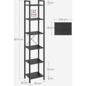 Signature Home Hoog boekenkast - staand rek - boekenrek met 6 niveaus - zwart - 30 x 40 x 187,5 cm