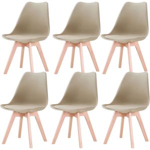 Stoel - Eetstoelen - Eetstoelen Set van 6 - Noordse middeleeuwse eetkamerstoelen - Gewatteerde zitting - Beukenhouten poten - Beige