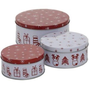 Set van 3 metalen koekjesdoos koekjes doos rond Kerstmis rendier rood wit gesorteerd H6-9cm