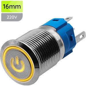 ProRide Metalen Pulsschakelaar 220V OFF-(ON) - 16mm - Momentschakelaar - Spatwaterdicht - LED Indicatie Geel