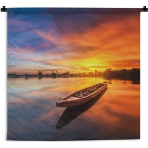Wandkleed - Wanddoek - Boot - Water - Zonsondergang - Oranje - Water - 90x90 cm - Wandtapijt