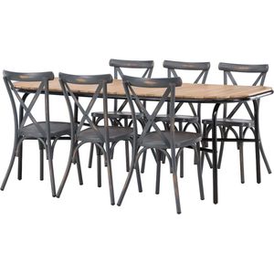 Holmbeck tuinmeubelset tafel 90x200cm naturel, 6 stoelen Peking donkergrijs.