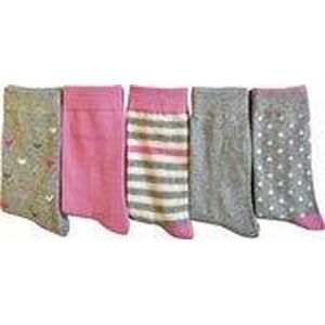 Meisjes 5-Pack sokken - Hartjes/strepen - rose/grijs/ecru - maat 35/38 - 80% katoen chaussettes socks