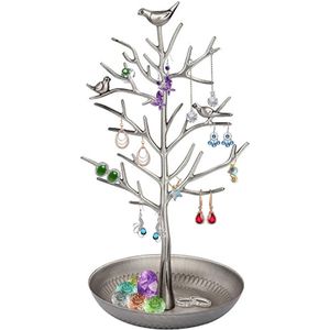 Sieradenboom met vogels, geschikt voor oorbellen, kettingen, ringen, sieradenhouder, (zilver/brons/goud), zilver