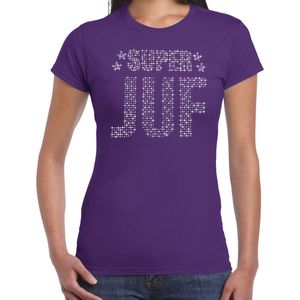 Glitter Super Juf t-shirt paars met steentjes/ rhinestones voor dames - Lerares cadeau shirts - Glitter kleding/foute party outfit XS