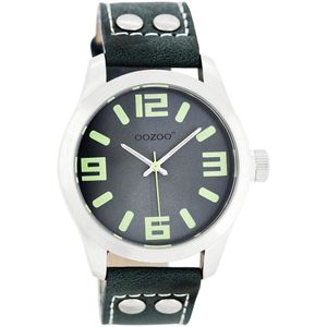 OOZOO Timepieces - Zilverkleurige horloge met donker blauwe leren band - JR266