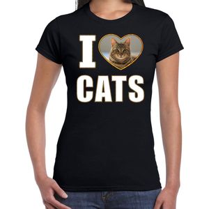 I love cats t-shirt met dieren foto van een bruine kat zwart voor dames - cadeau shirt katten liefhebber XS