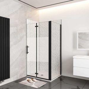Inloopdouche 80x70x195cm, vouwdeur (6mm gemakkelijk te reinigen gehard glas met explosieveilige folie in het midden gematteerd) + zijpaneel (6mm transparant gemakkelijk te reinigen gehard glas), matzwart aluminium profiel.