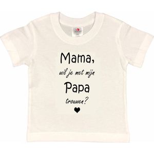 T-shirt Kinderen ""Mama, wil je met mijn papa trouwen?"" | korte mouw | wit/zwart | maat 110/116