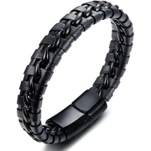 Malinsi Armband heren - Strong Zwart Gevlochten RVS Leer - Armbandje Mannen 21 cm