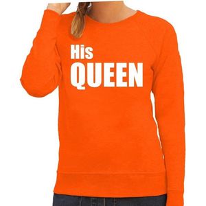 His queen sweater / trui oranje met witte letters voor dames - Koningsdag - fun tekst truien / Hollandse sweaters L
