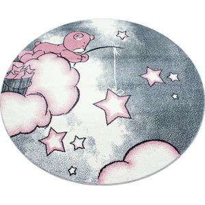 Flycarpets Flycarpets - Kids Kinderkamer Beer Roze Vloerkleed Rond - 120x120 cm