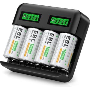 EBL Universele Batterijlader + 4x D Batterijen voor Oplaadbare AA, AAA, C & D Ni-MH Batterijen - Batterij oplader met LCD Scherm voor Oplaadbare batterijen