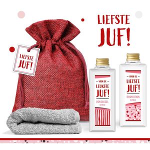 Geschenksetje ""Voor De Liefste Juf"" - 4 producten - 250 gram | Giftset voor haar - Cadeau Juffendag - Aardigheidje - Leerkracht - Coach - Bedankje Jufrouw einde Schooljaar - Klein cadeautje Lerares - Wellness Pakketje - Vrouw - Roze