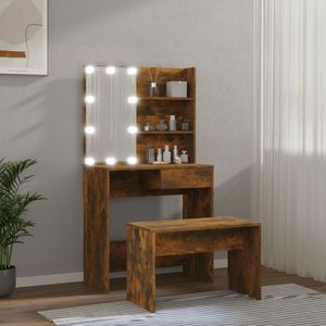 LBB Kaptafel met spiegel en verlichting - Make up tafel - Make up - Toilettafel -Met lades - Bankje - 74,5 x 40 x 141 cm - Gerookt eiken