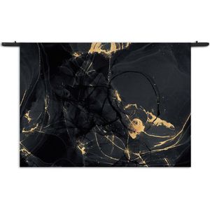 Mezo Wandkleed Abstract Marmer Look Zwart met Goud 05 Rechthoek Horizontaal XXXL (150 X 210 CM) - Wandkleden - Met roedes