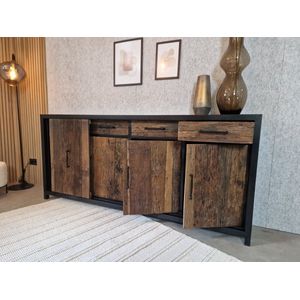 Opbergkast Eikenhout - Deurtjes en lades - Zwart staal frame
