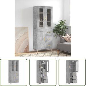 The Living Store Hoge Kast Betongrijs - Dressoir en Opzetkast 69.5 x 34 x 180 cm - Duurzaam Materiaal - Voldoende Opbergruimte - Praktische Deur - Metalen Voeten