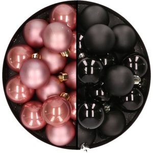 32x stuks kunststof kerstballen mix van oudroze en zwart 4 cm - Kerstversiering