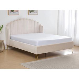 Vente-unique Bed van 160 x 200 cm met golvend hoofdbord - Fluweel - Beige + Matras - SAGALI L 178 cm x H 126 cm x D 213 cm