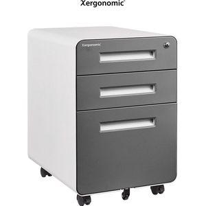 Xergonomic Bane Commode – 40 x 45 x 58 cm – Verrijdbaar Ladeblok Bureau – Bureau organizer – Bureau accessoires – Ladeblok 3 lades – Archiefkast – Bureaukast – Kantoorkast – Dossierkast – Opbergkast met Wielen – Wit met Donkergrijs