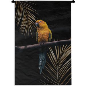 Wandkleed VogelKerst illustraties - Een papegaai zit op een tak tegen een zwarte achtergrond Wandkleed katoen 120x180 cm - Wandtapijt met foto XXL / Groot formaat!