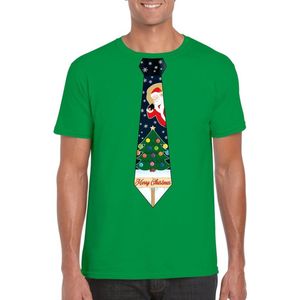 Groen kerst T-shirt voor heren - Kerstman en kerstboom stropdas print M