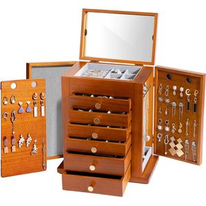 Grote 7-laags houten juwelendoos voor vrouwen - sieradenhouder met spiegel - oorbellen armband ketting horloge opbergdoos - bruin