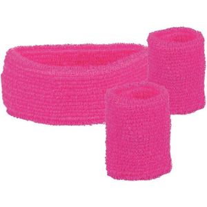 4 Sets zweetbandjes - 2 polsbandjes, 1 hoofdband - neon pink - Festival - Beach party - fout feest