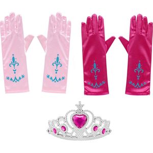 Het Betere Merk - Voor bij je prinsessen verkleedkleding - prinsessenspeelgoed meisje - speelgoed - 3-Pack - handschoenen + Kroon - Tiara - Roze - Fuchsia