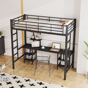 Sweiko IJzeren frame bed, Kinderbed, 90x200cm, met tafel en frame, geschikt voor kinderen en tieners, met zijladder, anti val grille, ijzer MDF, Zwart,
