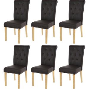 Set van 6 eetkamerstoelen Chesterfield II, keukenstoel, klinknagels ~ kunstleer, koffie, lichtgekleurde poten