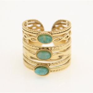 Statement ring, stainless steel , verstelbaar , met 3  turquoise stenen