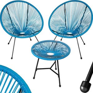 tectake® Tuinmeubel bistroset - 2 stoelen en 1 tafel met glazen blad - Retro Egg Chairs in Acapulco-stijl - Weerbestendig - Binnen- en buitengebruik - Zithoogte 30 - 38 cm - Belastbaarheid 120 kg - Blauw