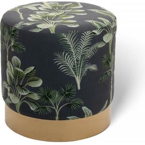 LIFA LIVING Poef Beau - Bananenblad Print - Groen & Goud - Jungle - Rond - Velvet & Metaal - Functioneel - Comfortabel - Ø 38 x 38 cm