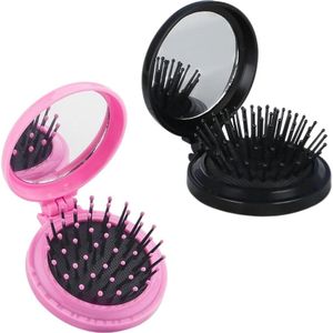 - Foldable Round Hair Brush with Mirror - Portable Travel Hair Brush - Mini Makeup Brush for Girls - Suitable for Travel Evenings - Pink + Black