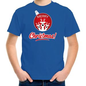 Rendier Kerstbal shirt / Kerst t-shirt Merry Christmas blauw voor kinderen - Kerstkleding / Christmas outfit 116/134