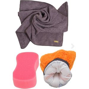 AutoFresh- Auto Wassen- Auto Afdrogen Voertuig Glasreiniging 3-delige - Dikke Microfiber Doek 50x70 cm- Autowas spons - Handschoen Set