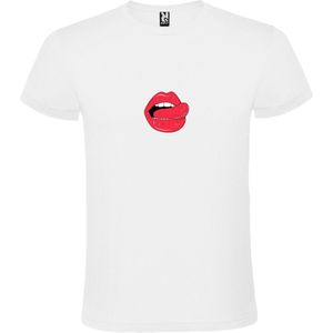Wit T shirt met print van 'Mond met Tong' print Rood / Wit size XS