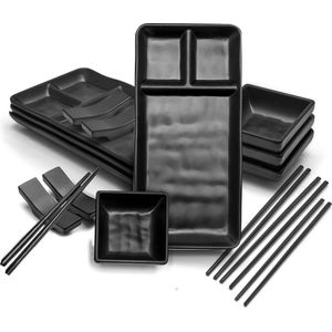Japanse Melamine Sushi Gerechten Zwarte Set 16 stuks Bevat Sauskommen Eetstokjes Dienblad Aziatische Gerechten Set Zwart borden set 6 person