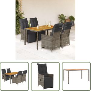 The Living Store 5-delige Bistroset met kussens poly rattan grijs - Tuinmeubels - Bistro Set - Lounge Set - Buitendecoratie - Terrasdecoratie