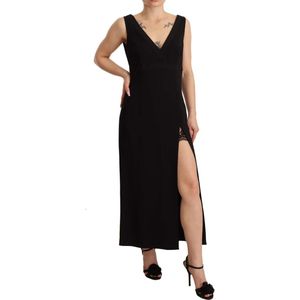 Midi-jurk van zwarte zijde met stretch en split aan de zijkant