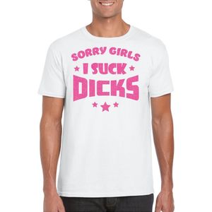 Bellatio Decorations Gay Pride T-shirt heren - i suck dicks - wit - glitter roze - LHBTI M